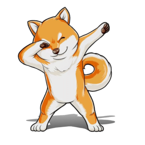 Official doshiba inu meme token mascot dabbing hands in the air for crypto