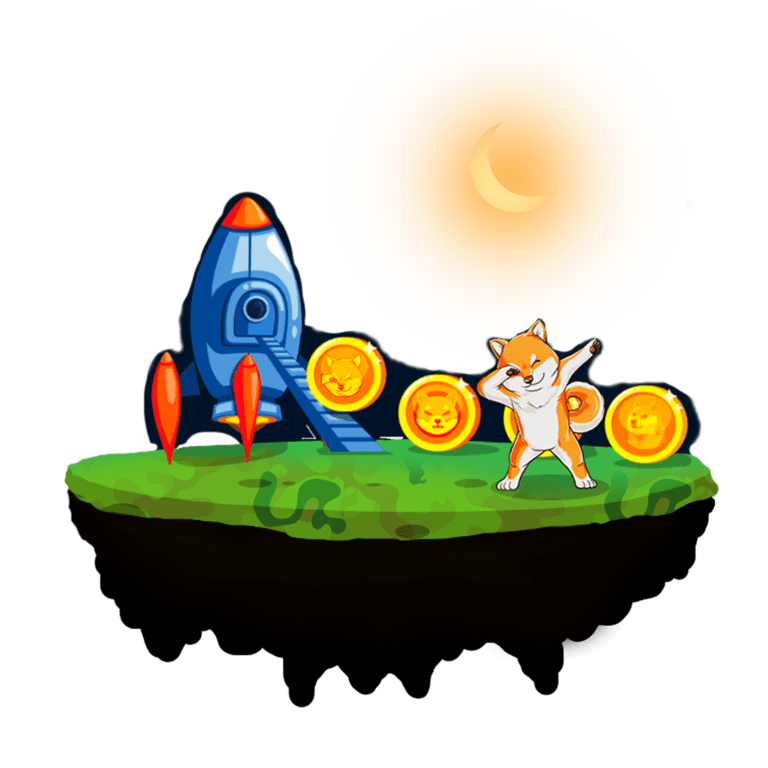 Doshiba on a planet next to a rocket with crypto coins Shiba Inu and Dogecoin